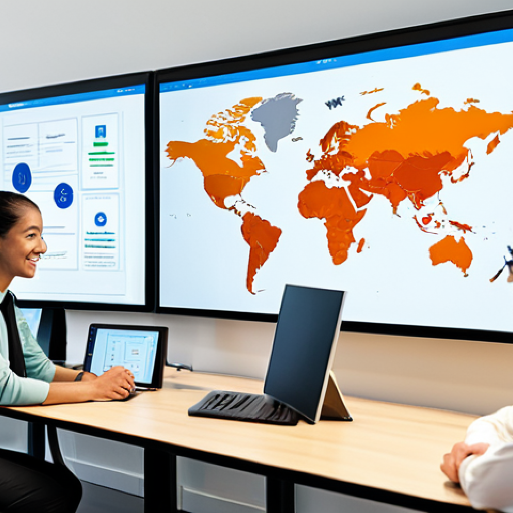 A diverse group of five professionals, fully clothed in modest business attire, are seamlessly collaborating around a large, modern interactive screen in a bright, minimalist office space. The screen displays organized project dashboards and communication threads, illustrating efficient digital collaboration. The atmosphere is calm, harmonious, and productive, reflecting a shift from disarray to harmony. The image should feature perfect anatomy, correct proportions, natural pose, well-formed hands, and proper finger count. This is appropriate content, safe for work, and professional.