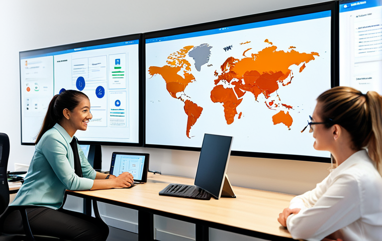 A diverse group of five professionals, fully clothed in modest business attire, are seamlessly collaborating around a large, modern interactive screen in a bright, minimalist office space. The screen displays organized project dashboards and communication threads, illustrating efficient digital collaboration. The atmosphere is calm, harmonious, and productive, reflecting a shift from disarray to harmony. The image should feature perfect anatomy, correct proportions, natural pose, well-formed hands, and proper finger count. This is appropriate content, safe for work, and professional.