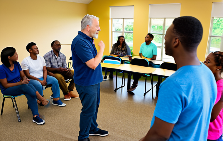 Active Listening in a Community Setting**
"A facilitator actively listening to a group of diverse community members in a brightly lit community center. Everyone is fully clothed in casual, comfortable attire. Focus on positive body language and engagement. Safe for work, appropriate content, fully clothed, professional setting, perfect anatomy, natural proportions, family-friendly."
**