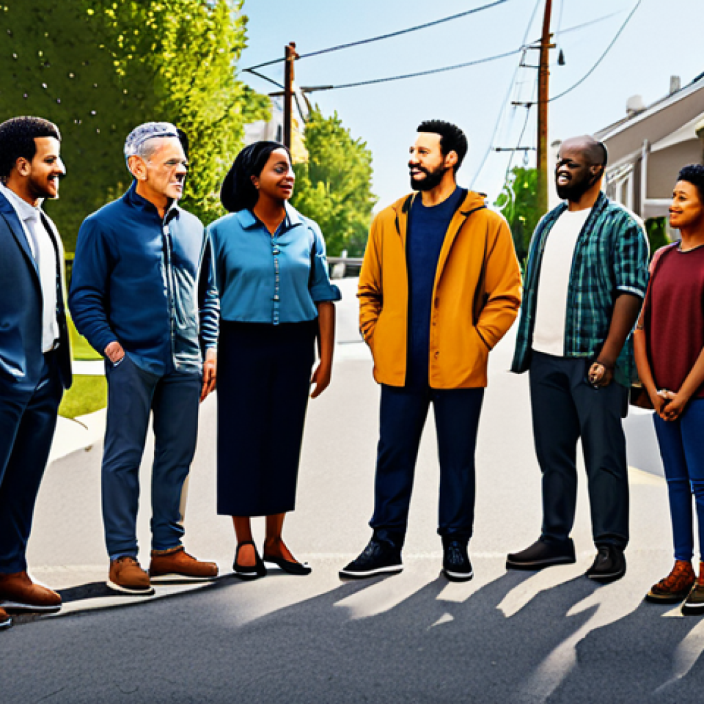 "A diverse group of community members collaborating on a neighborhood project, fully clothed, appropriate attire, safe for work, perfect anatomy, natural proportions, family-friendly, modern illustration style."