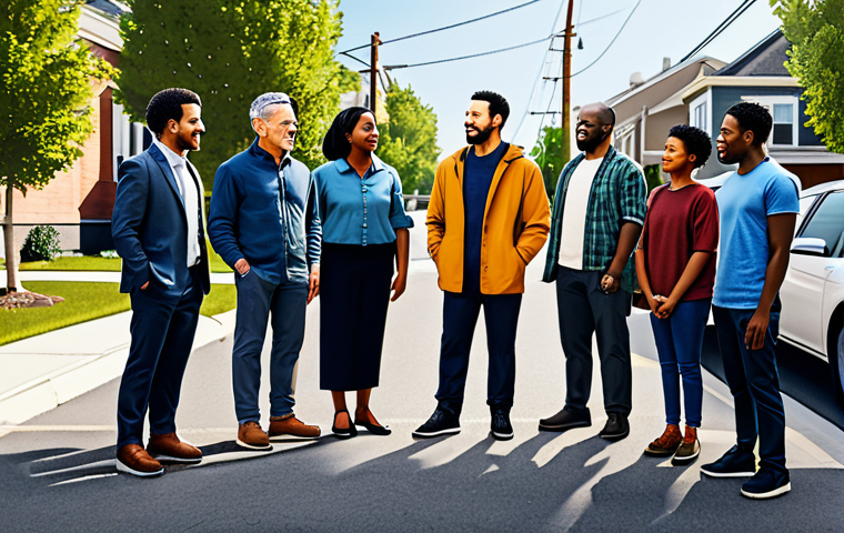 "A diverse group of community members collaborating on a neighborhood project, fully clothed, appropriate attire, safe for work, perfect anatomy, natural proportions, family-friendly, modern illustration style."