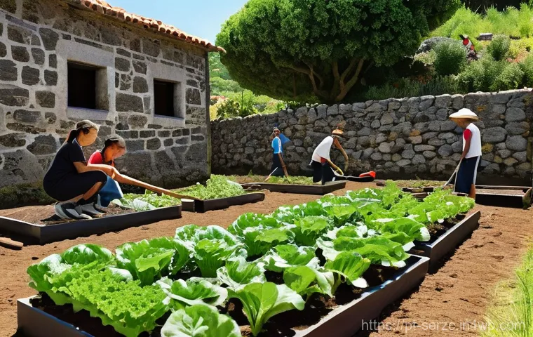 커뮤니티 중심의 교육적 접근 기법 - **Prompt 2: Community Pollinator Garden at a Portuguese School**
    "An uplifting, wide-angle image...