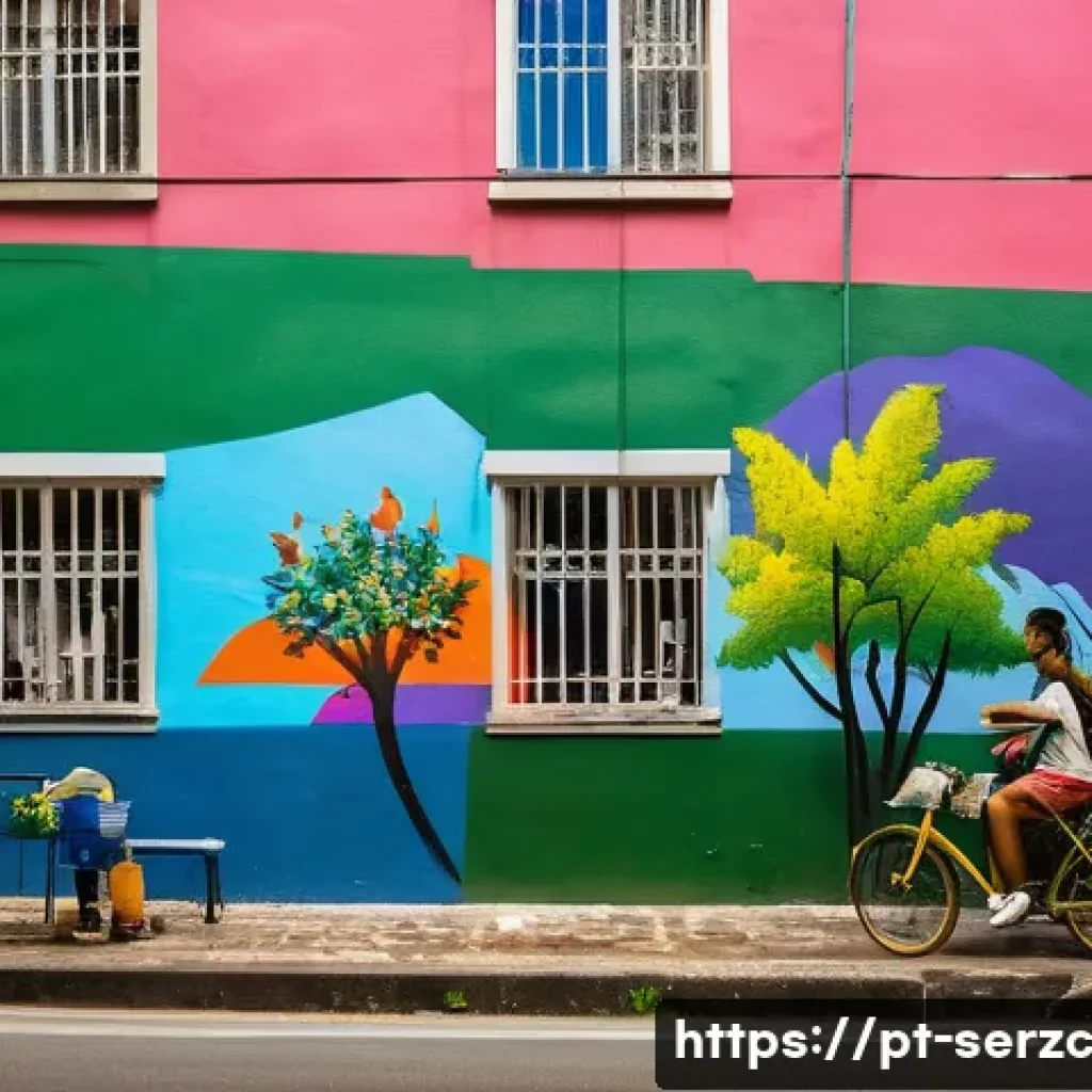 지역 사회 커뮤니티 서비스 사례 분석 - A vibrant urban street scene in São Paulo featuring a diverse group of local artists and residents c...