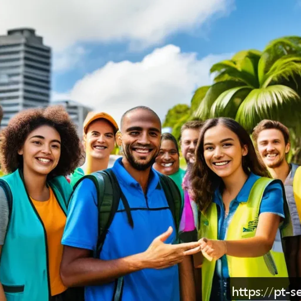 커뮤니티 내 자원봉사자 관리 방안 - A diverse group of enthusiastic volunteers in a sunny urban park in Brazil, wearing casual clothing ...