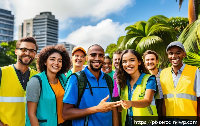 커뮤니티 내 자원봉사자 관리 방안 - A diverse group of enthusiastic volunteers in a sunny urban park in Brazil, wearing casual clothing ...