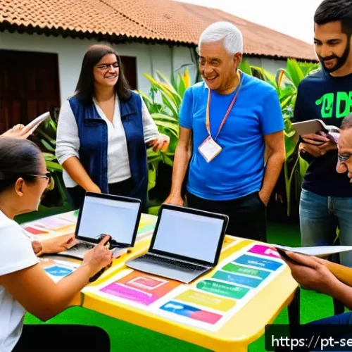Home 33 커뮤니티 기반 서비스의 지속적 개선 방안 - A vibrant community workshop scene in a Brazilian neighborhood, featuring diverse adults and elderly...