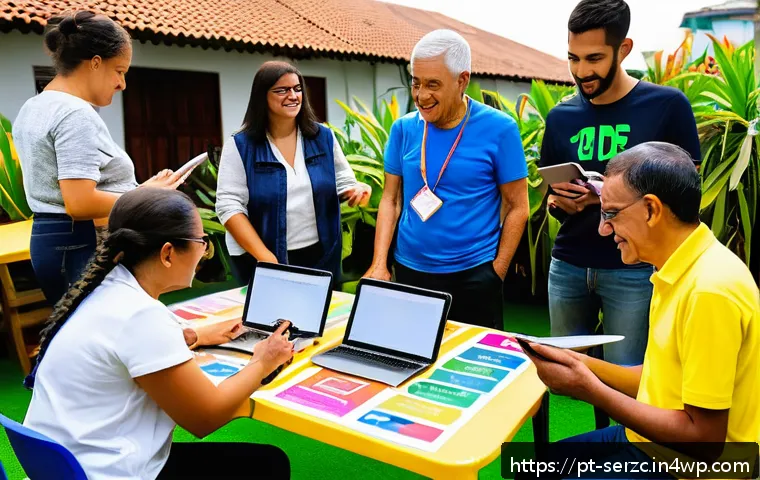 커뮤니티 기반 서비스의 지속적 개선 방안 - A vibrant community workshop scene in a Brazilian neighborhood, featuring diverse adults and elderly...