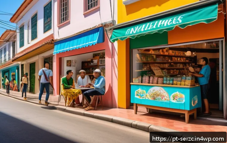 커뮤니티 기반 서비스의 혁신적인 운영 사례 - A vibrant neighborhood street scene in a Brazilian city, showcasing local small businesses with colo...