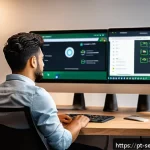 Home 19 온라인 커뮤니티의 보안 및 개인정보 보호 방안 - A modern digital workspace scene featuring a young adult Brazilian professional sitting at a sleek d...