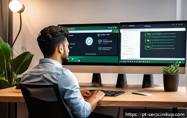 온라인 커뮤니티의 보안 및 개인정보 보호 방안 - A modern digital workspace scene featuring a young adult Brazilian professional sitting at a sleek d...